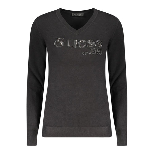 Guess Jeans Black Viscose Women Sweater with V-neck, embroidery, and rhinestones.