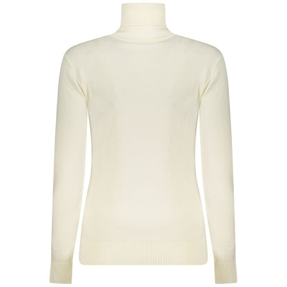 Back view of Guess Jeans White Viscose Women Sweater with turtleneck, long sleeves, and sleek silhouette.