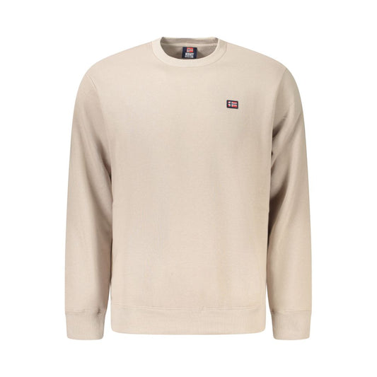 Norway 1963 Beige Cotton Men Sweater with crew neck, long sleeves, and applique detail on front, made of cotton and polyester blend.