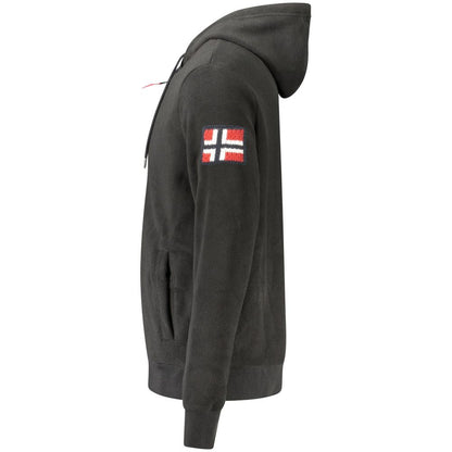 Side view of Norway 1963 Black Polyester Men Sweatshirt with Norwegian flag patch, cozy hood, and pockets.