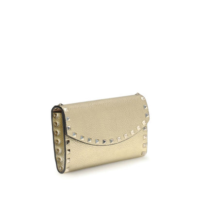 Valentino Garavani Gold Calf Leather Bos Taurus Wallet with metallic garnet finish and Rockstud detailing.