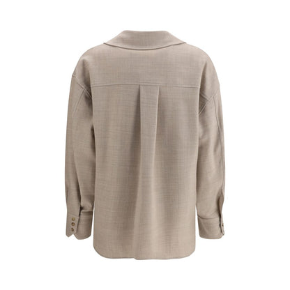 Back view of True Royal Beige Wool Shirt showcasing soft, elegant fabric ideal for fall fashion.