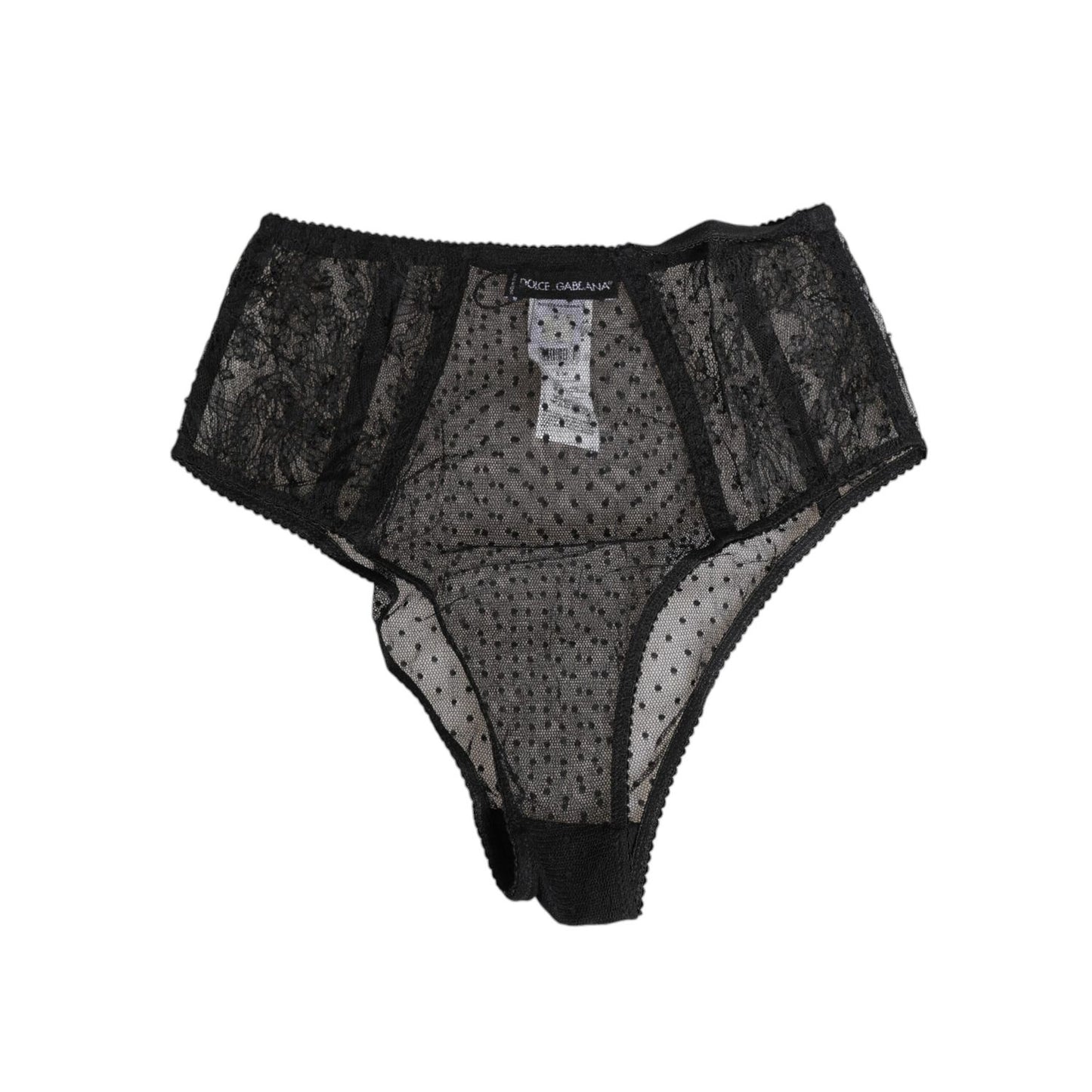 Dolce & Gabbana Black Lace Polka Dot Mesh High Waist Underwear