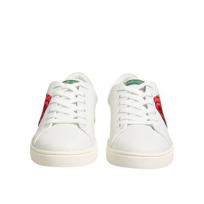 Dolce & Gabbana White Leather Rose Embroidery Low-Top  Shoes
