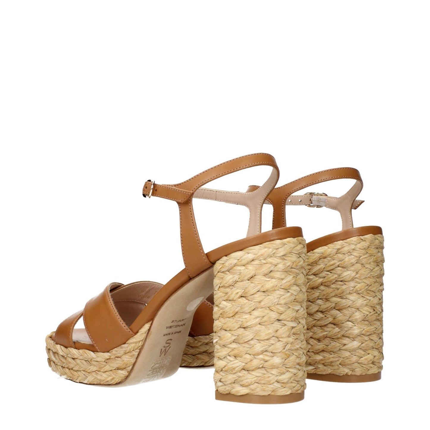 Stuart Weitzman Brown Leather Platform Sandals with woven heels showcasing stylish design and craftsmanship.