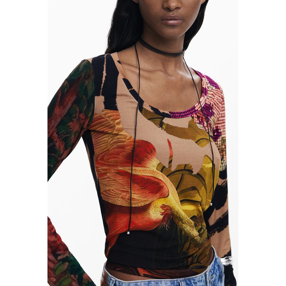 Desigual Brown Elastane Women T-Shirt with vibrant floral patterns, wide neckline, and long sleeves shown against a plain background.