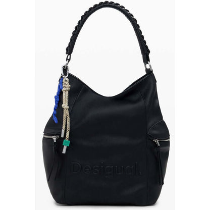 Desigual Black Polyethylene Women Backpack with one-shoulder handle, iconic half Africa logo, and multiple secure compartments.