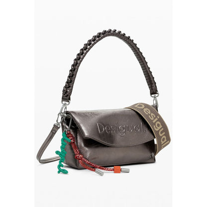 Desigual Bronze Polyethylene Women Handbag with relief logo and adjustable straps, featuring striking contrasting details and removable handle.