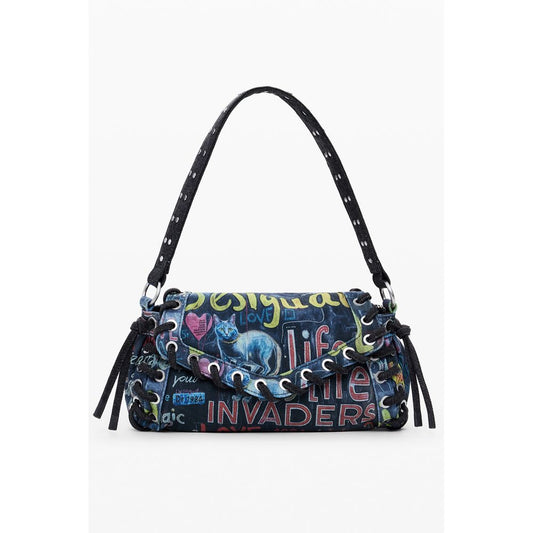 Desigual Blue Cotton Women Handbag with vibrant print and adjustable strap.