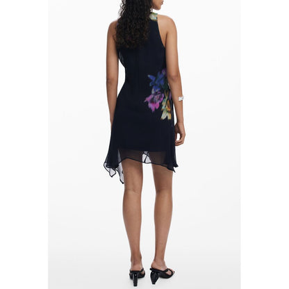 Back view of Desigual Black Polyester Women Dress with floral print and high-low hem.