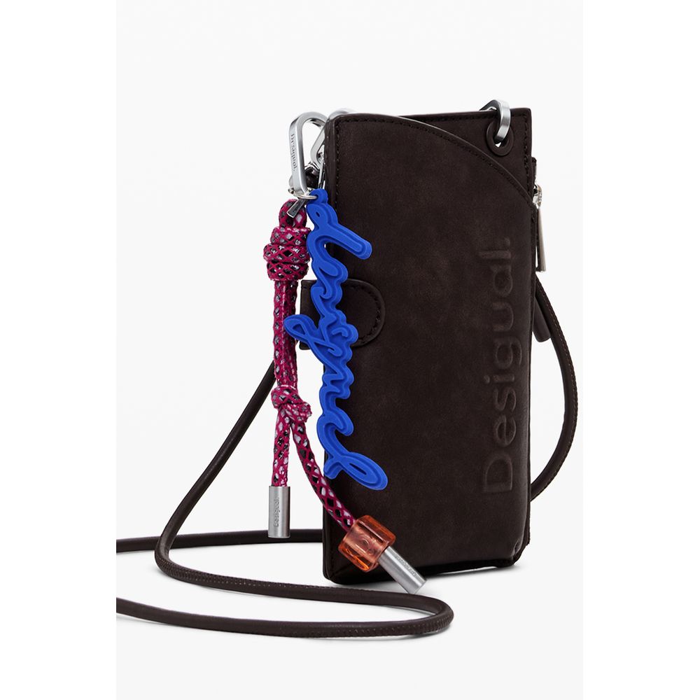 Desigual Brown Polyethylene Women Wallet with removable key holder and shoulder strap. Stylish accessory with coin, card, and phone pockets.