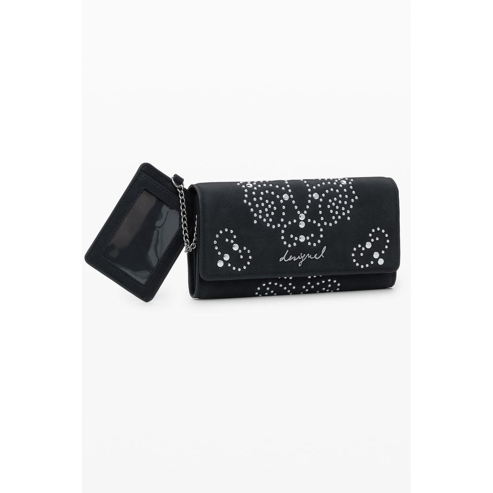 Desigual Black Polyethylene Women Wallet with studs and logo, featuring zip and snap closure for secure storage with multiple compartments.