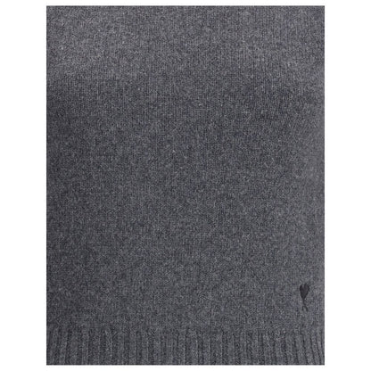 Ami Paris Gray Cashmere Turtleneck with ribbed trim and Ami De Coeur logo on front, perfect for a stylish winter wardrobe.