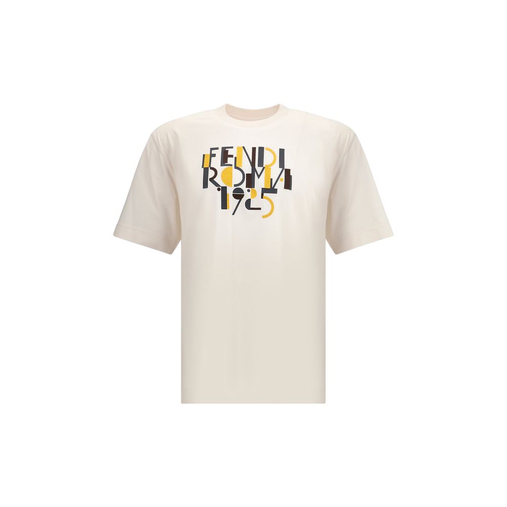 Fendi White Cotton T-Shirt featuring a ribbed crew neck and distinctive Fendi print for a casual look. 100% cotton, regular fit.