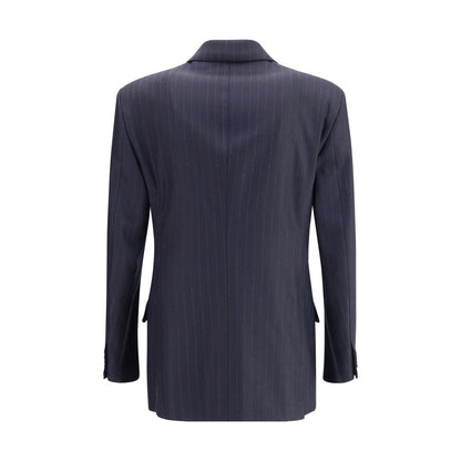 Rear view of Tom Ford Blue Wool Blazer with pinstripe design and double-breasted pattern, featuring peak lapels and welt flap pockets.