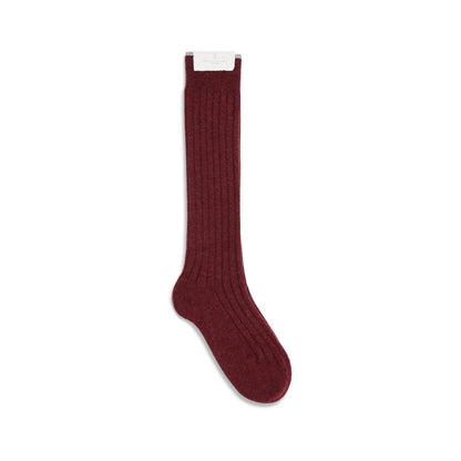 Brunello Cucinelli Bordeaux Cashmere Socks featuring fine ribbed knit, knee-high fit, 100% Kashmir, soft and sophisticated design.