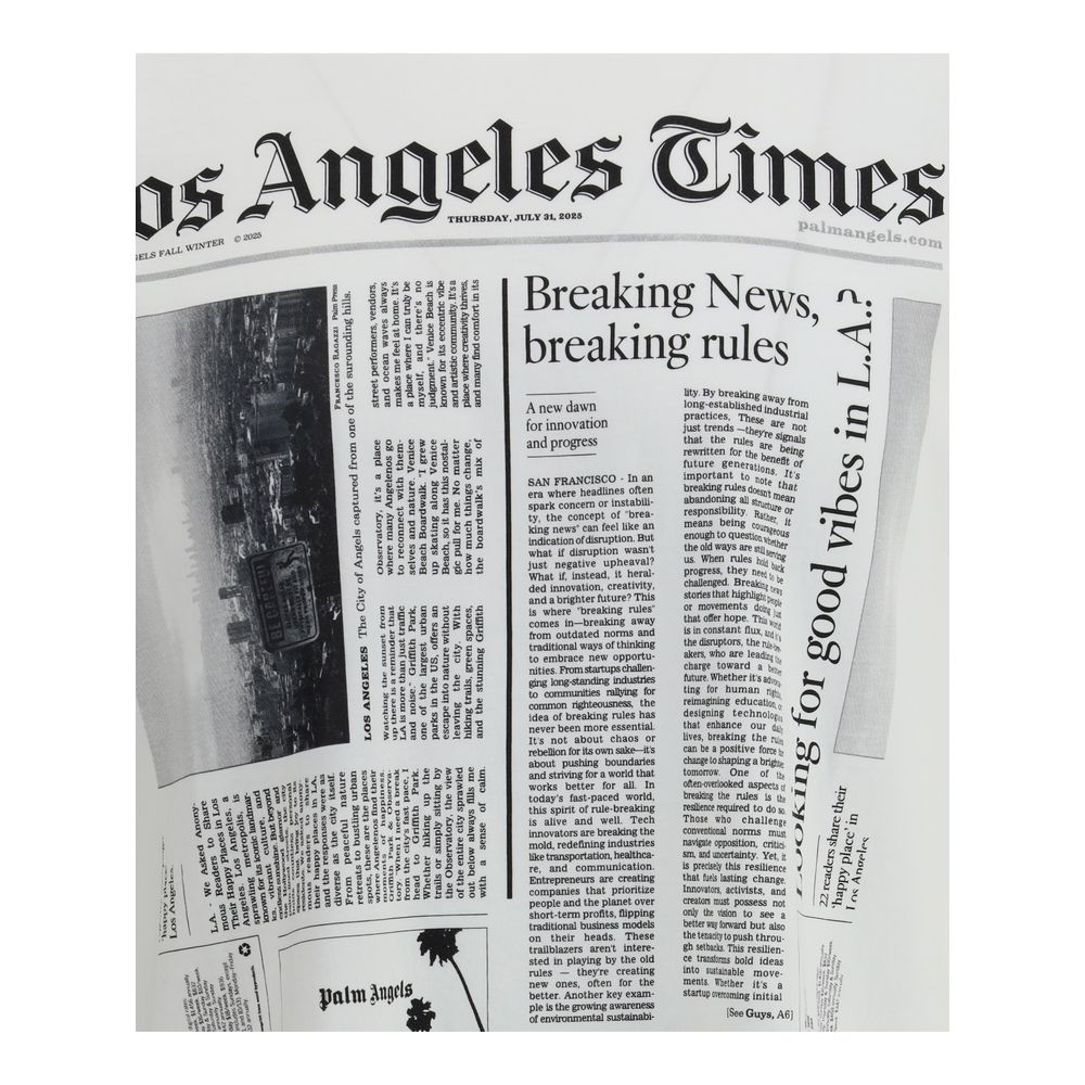Palm Angels White Cotton T-Shirt with newspaper print design for urban style.