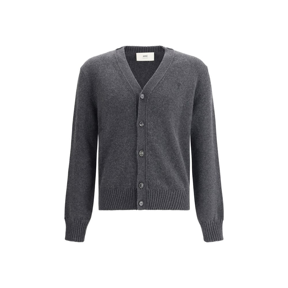 Ami Paris Gray Cashmere Cardigan with button closure and embroidered logo, featuring ribbed cuffs and hem for a refined design.