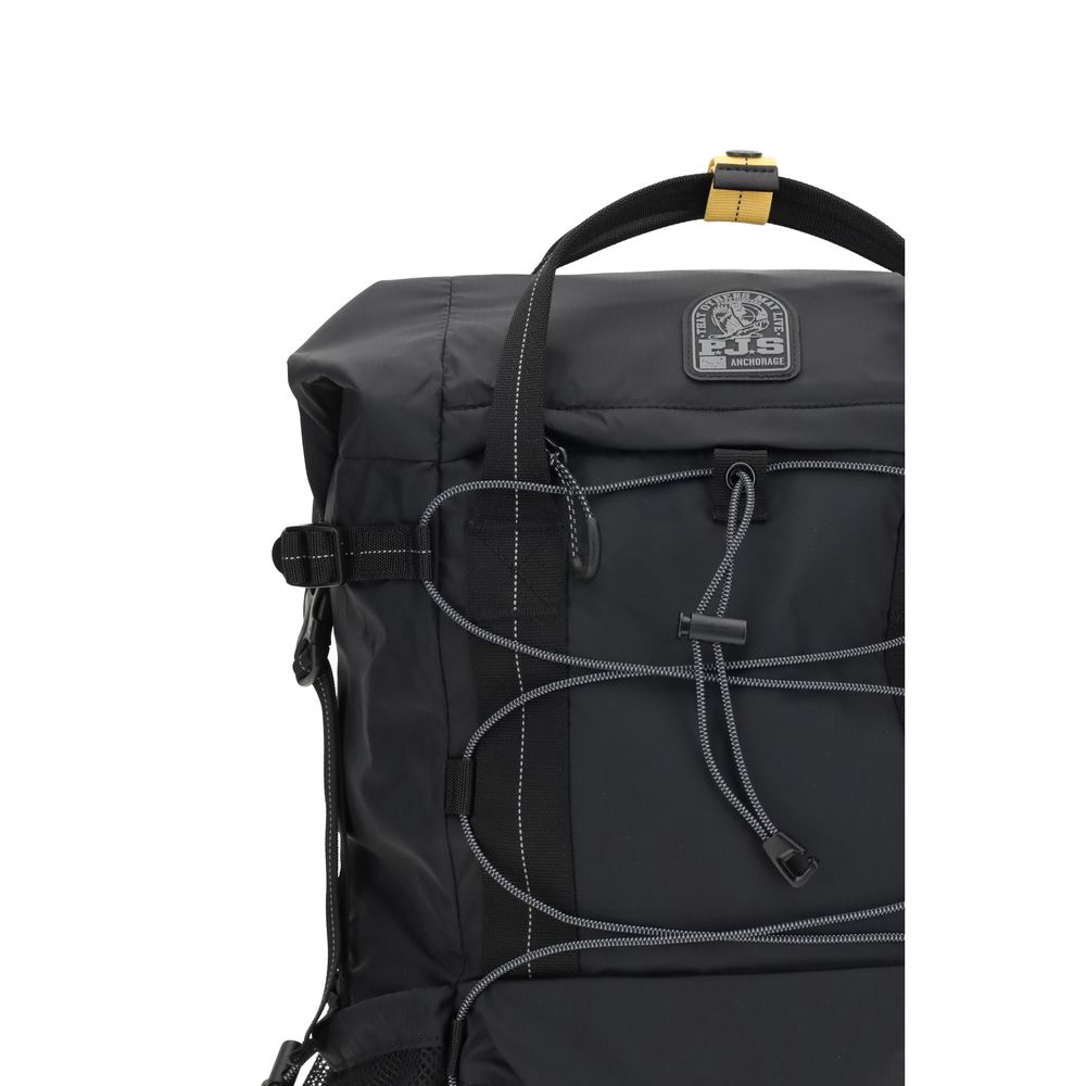 Parajumpers Black Polyamide Backpack with nylon ripstop, exterior pockets, adjustable straps, and padded laptop pocket.