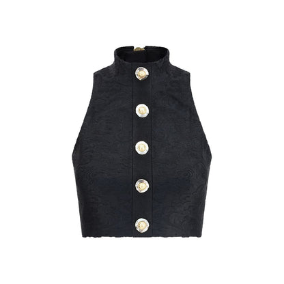 Balmain Black Viscose Top with baroque pattern, gold buttons, American neckline, and zipper back.