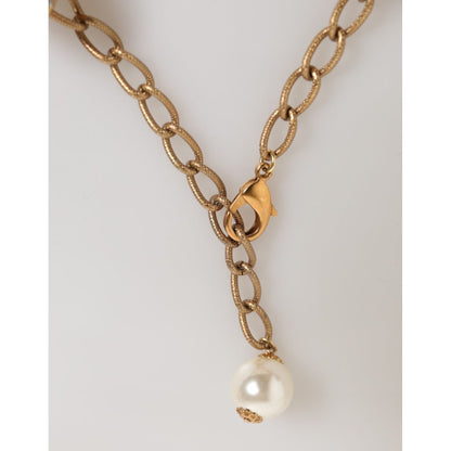 Dolce & Gabbana Gold Brass Faux Pearl Crystal Statement Luxury Jewelry Necklace