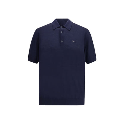 Prada Blue Fleece Wool Polo Shirt featuring a ribbed collar and discreet logo, perfect for a timeless and elegant look.
