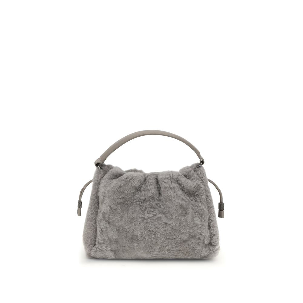 Brunello Cucinelli Gray Fur Shoulder Bag with leather strap and drawstring, featuring elegant shearling design and nickel-free details.