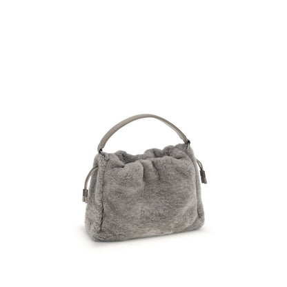 Brunello Cucinelli Gray Fur Shoulder Bag with drawstring closure and nickel-free metal details; elegant small shearling design