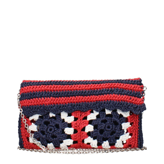 Miu Miu Multicolor Raffia Clutch Bag with chain, featuring a vibrant red, blue, and white design. Perfect for stylish occasions.