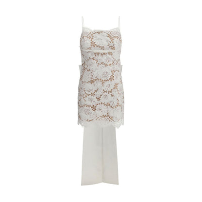 Self-Portrait White Nylon Casual Dress with lace bow and U-shaped neckline, fitted cut, fully lined, for refined modern elegance.