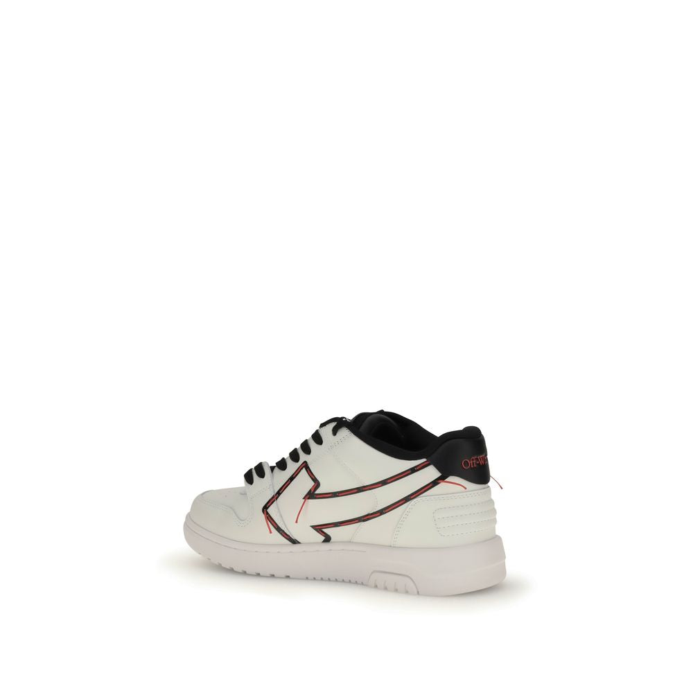 Off-White White Rubber Low Top Sneakers with stitched arrow logo, side view showcasing urban-chic design and front lace-up closure.