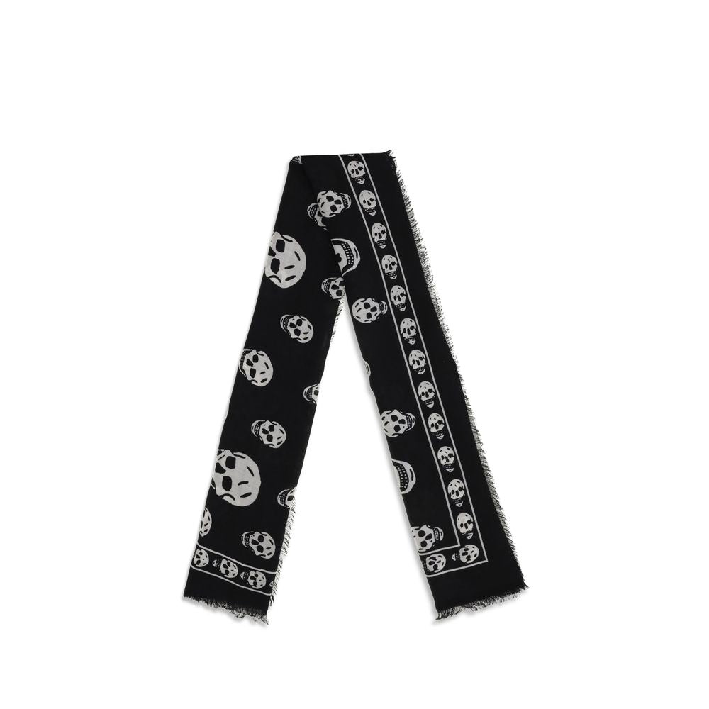 Alexander McQueen Black Modal Scarf with skull motif and fringed edges, crafted from silk and modal blend, 120x120 dimensions.