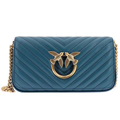 PINKO Blue Calfskin Women Crossbody Bag with gold bird detail and quilted design, luxury handbag with chain strap and flap closure