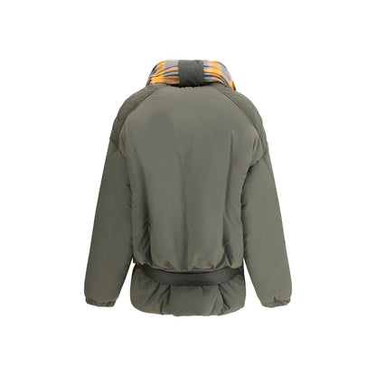 Back view of MARBELL Green Polyamide Shell Jacket with quilted details and removable scarf.