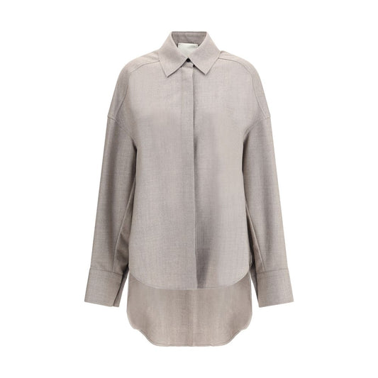 Di Stavnitser Gray Fleece Wool Dress Shirt with classic collar and asymmetrical hem, contemporary oversize design for AW25 season.
