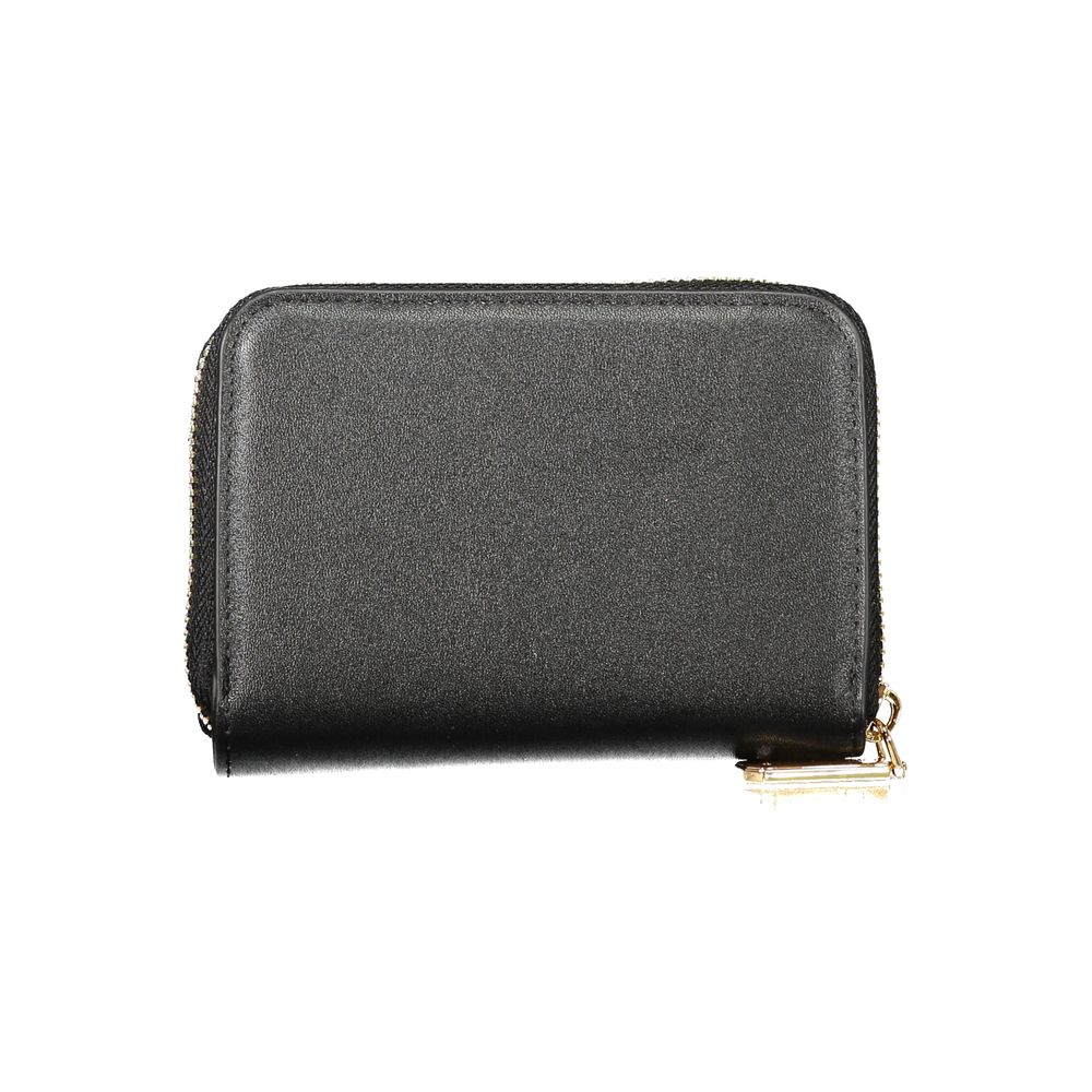 Mario Valentino Black Polyethylene Wallet with 6 compartments, coin purse, double card spaces and zip closure, featuring logo.
