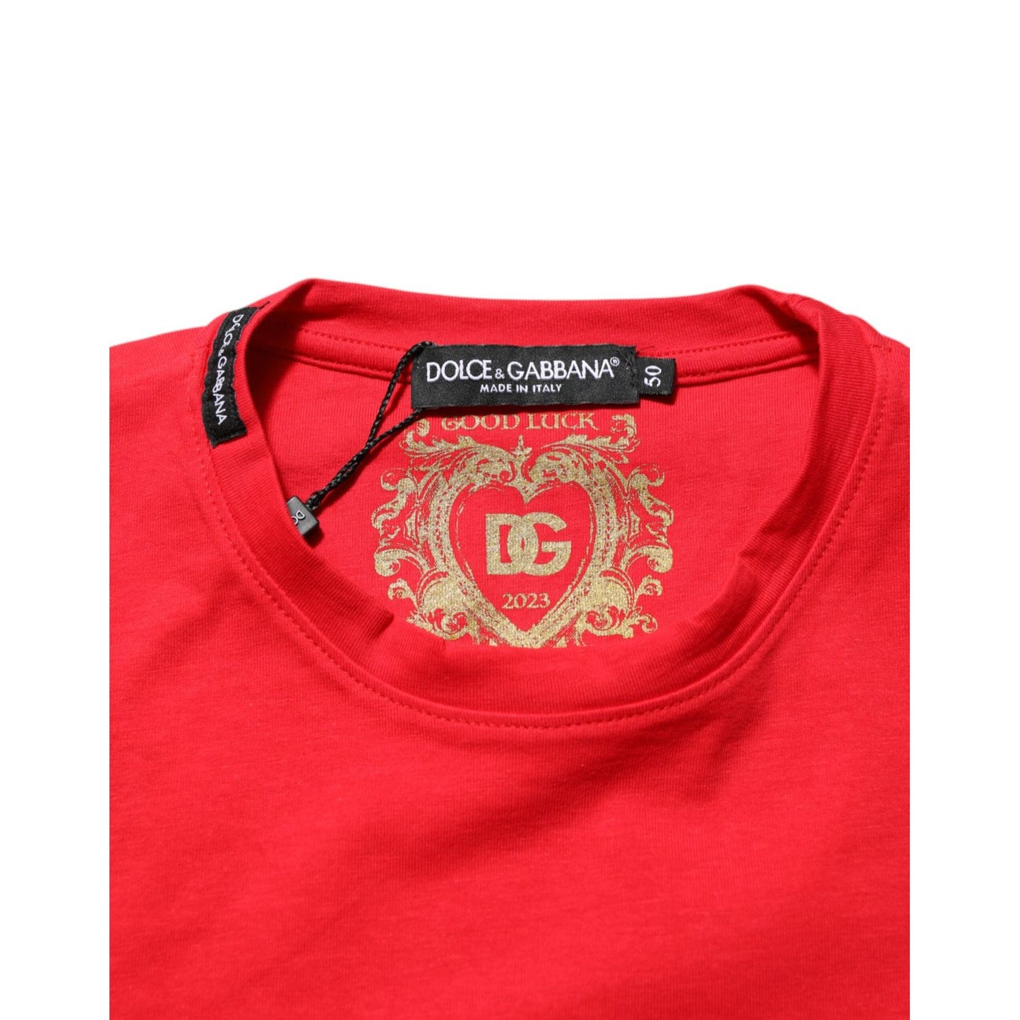 Dolce & Gabbana Red Goodluck 2023 Cotton Crew Neck T-shirt with gold graphic print and black label tags.