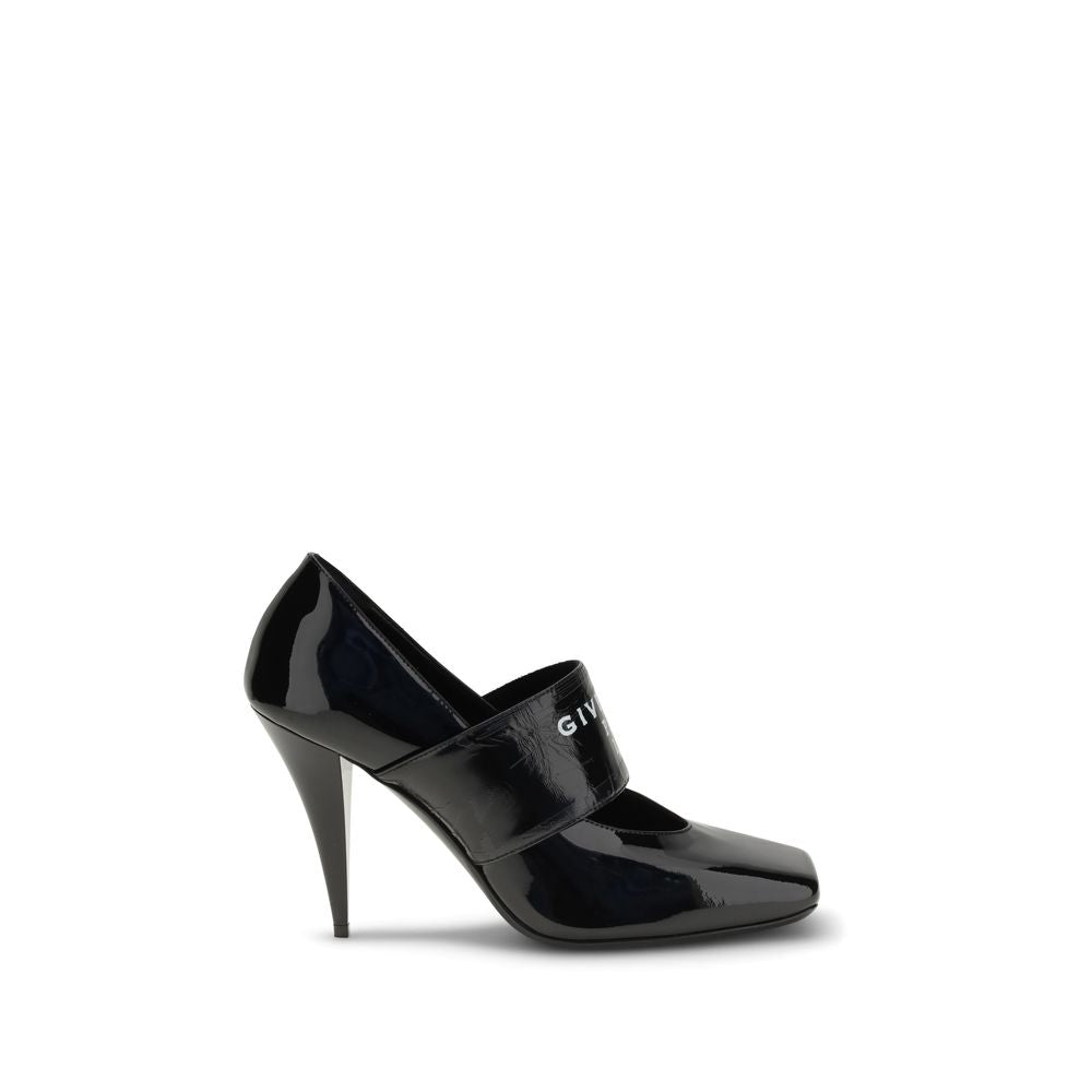 Givenchy Black Calf Leather Bos Taurus High Heel Pumps with square toe and logo strap, showcasing elegant and bold design.