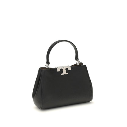 Tory Burch Black Calf Leather Bos Taurus Handbag with top handle and silver hardware.