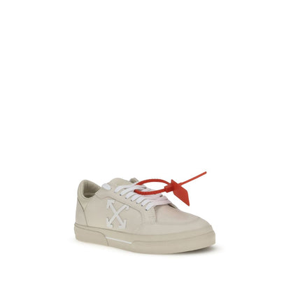 Off-White Beige Leather Low Top Sneakers with vulcanized sole and Arrow motif, featuring Zip Tie tag, AW25 collection.