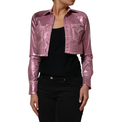 Dolce & Gabbana Pink Cotton Stretch Collared Cropped Jacket on model, long sleeve, soft pink hue, stylish and versatile fashion piece.