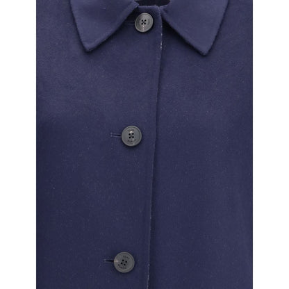 Front view of Tory Burch Blue Wool Coat with button closure, showcasing the soft wool texture and sophisticated design details.