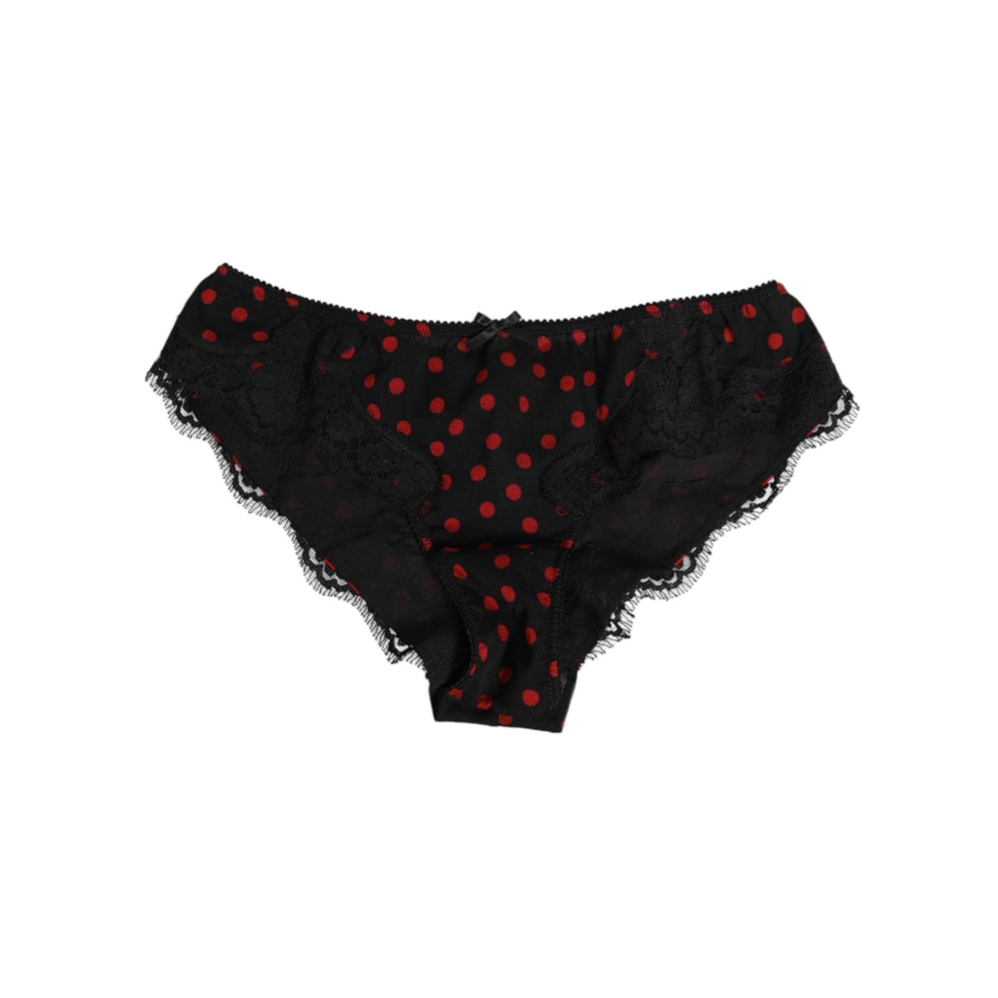 Dolce & Gabbana Black Polka Dotted Silk Low Waist Panty Underwear with lace details, luxurious stretch silk, and low-rise design.