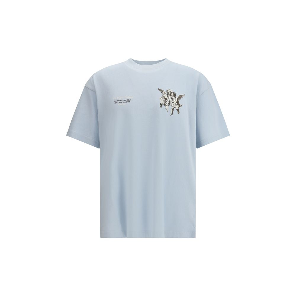 Represent Light Blue Cotton T-Shirt with cherub graphic and ribbed collar detail, featuring oversized fit and metal bar hem accent.