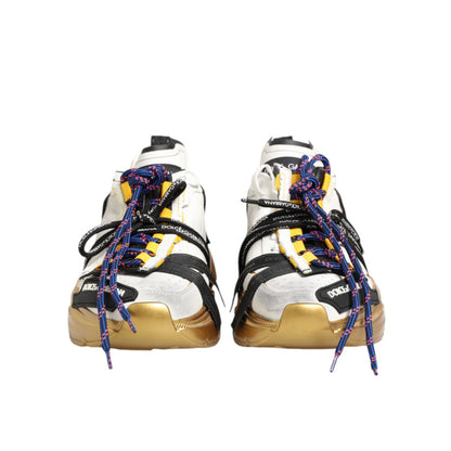 Dolce & Gabbana Multicolor Daymaster Low Top Sneakers Shoes with gold accents and colorful laces, front view.