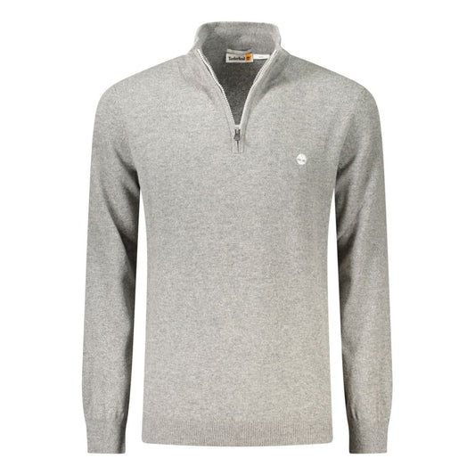 Timberland Gray Wool Men Sweater with half-zip design and iconic logo, ideal for contemporary style and seasonal transitions.