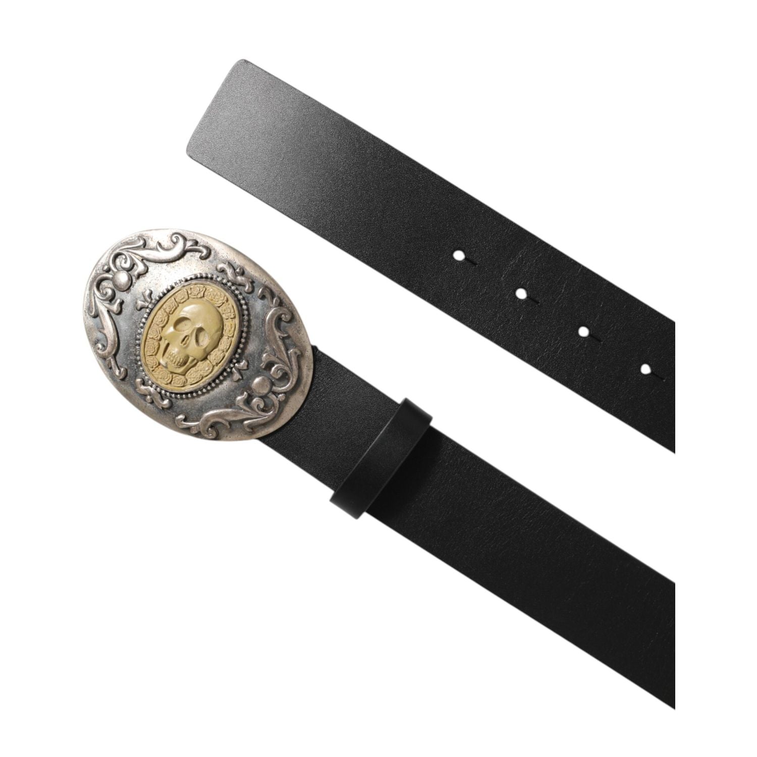 Dolce & Gabbana Black Leather Ornate Metal Buckle Men Belt