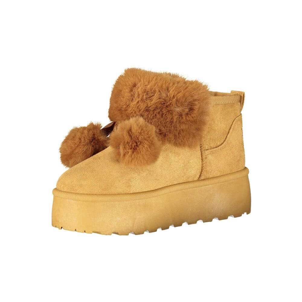 Alt Tag: Laura Biagiotti Brown Polyester Women Boot with playful pom poms and fur collar, perfect for cozy chic style.
