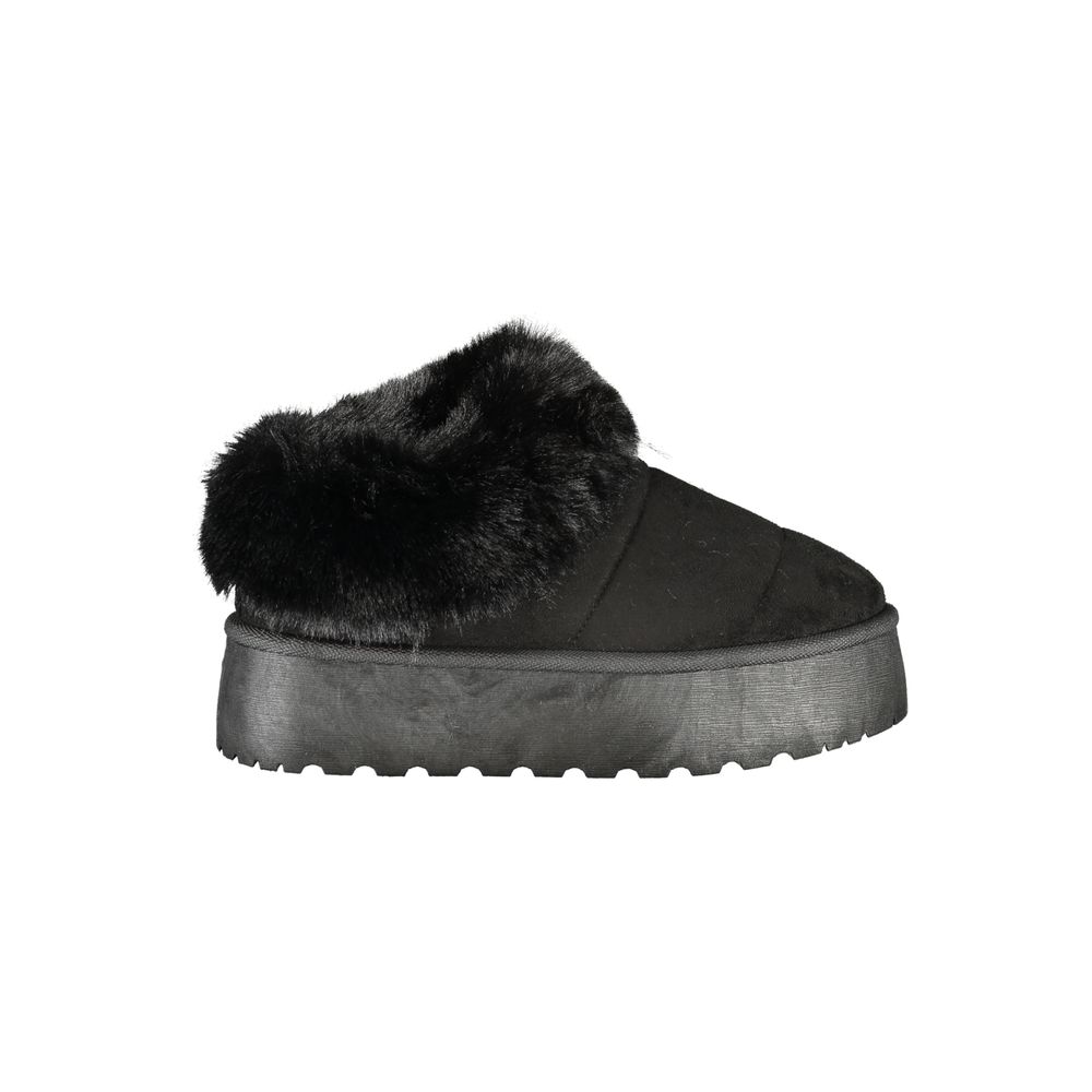Laura Biagiotti Black Polyester Women Sneaker with fur detail and wedge heel, combining elegance and sporty chic style.