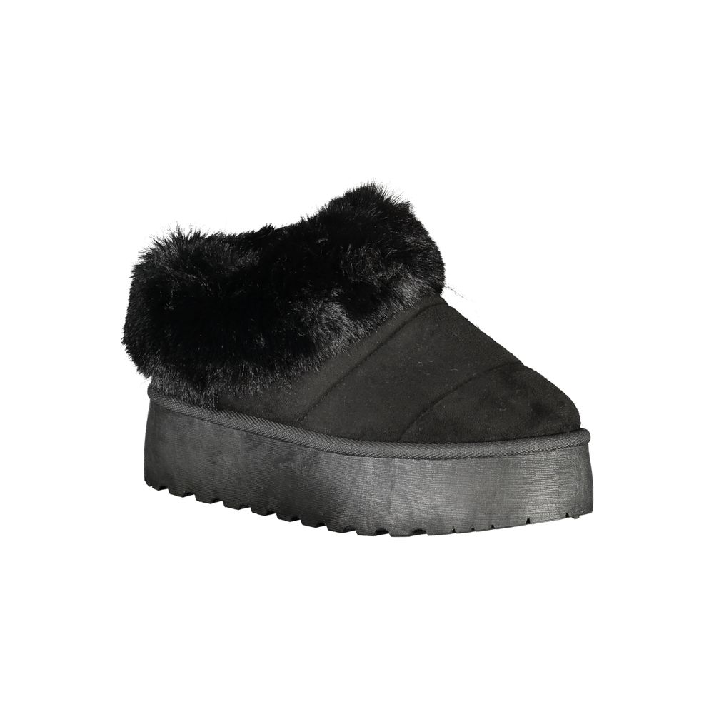Laura Biagiotti Black Polyester Women Sneaker with fur detail and 4 cm wedge heel for a chic, luxurious look.